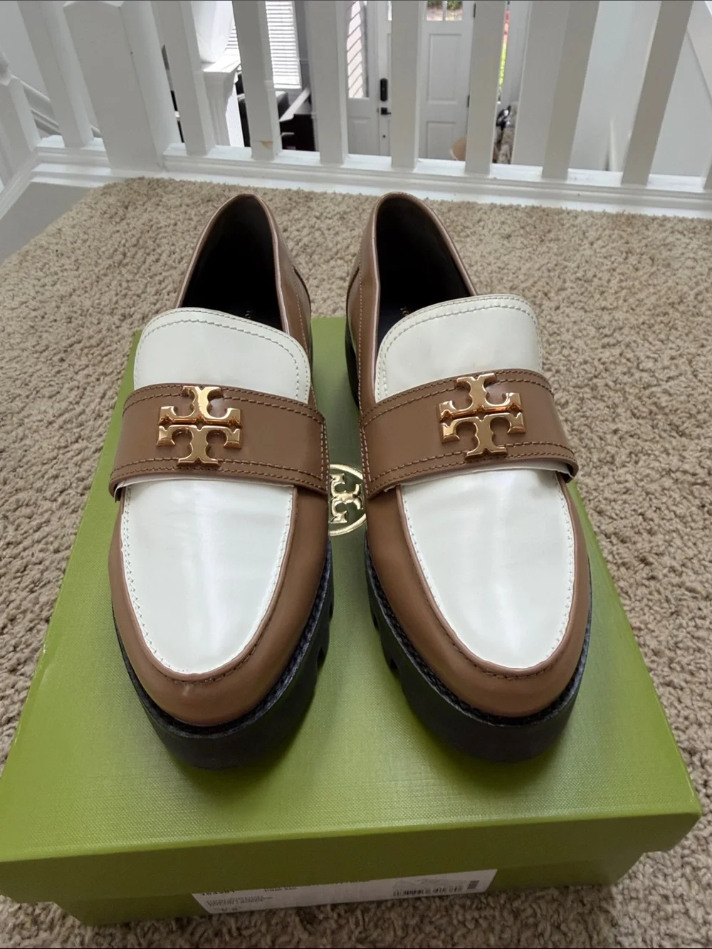 Tory Burch White and Brown Leather Lug Sole Loafers with Gold Logo